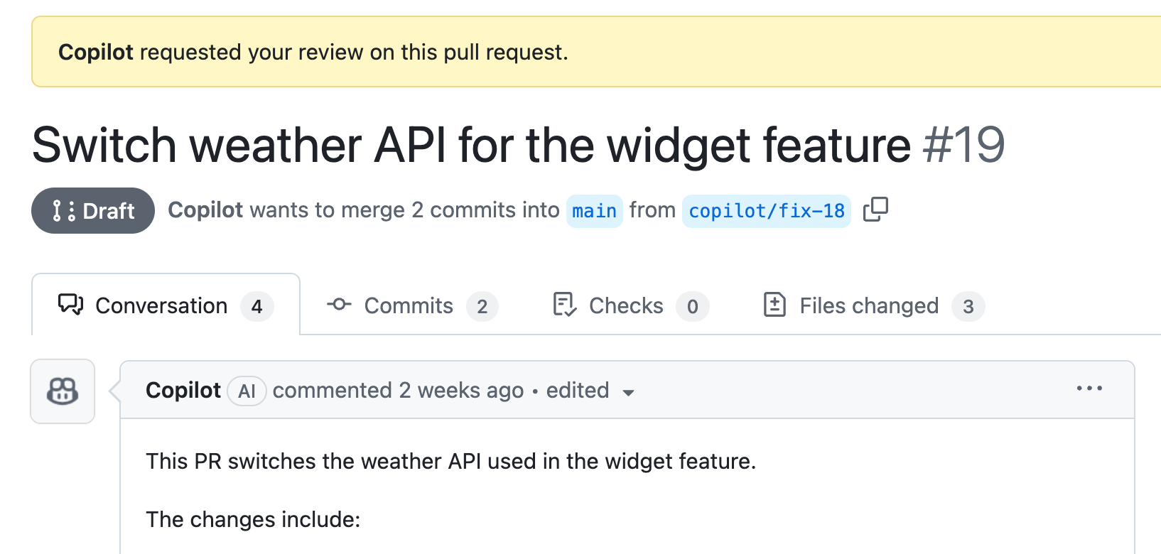 Screenshot a pull request created by the Copilot coding agent.